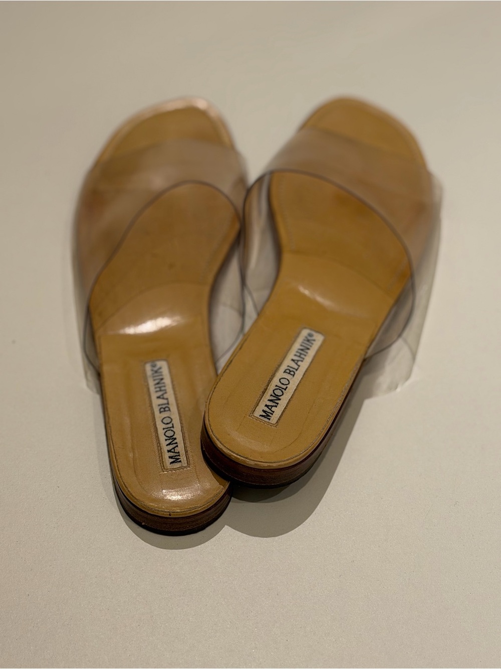 Manolo Blahnik Tan Leather Slides with Clear PVC Strap - Picture 6 of 9